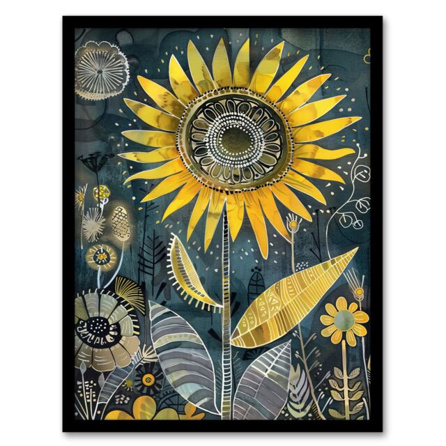 "Artery8 Mandala Pattern Orange Blue Sunflower Design Framed Art Print in Yellow - Size: W12"" x H16""" - image 1