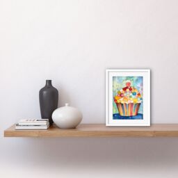 "Artery8 Wall Art Print Rainbow Pattern Cupcake Folk Art Watercolour Painting Kitchen Artwork Framed 9X7 Inch in White - Size: W7"" x H9""" - thumbnail 2