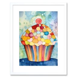 "Artery8 Wall Art Print Rainbow Pattern Cupcake Folk Art Watercolour Painting Kitchen Artwork Framed 9X7 Inch in White - Size: W7"" x H9""" - thumbnail 1