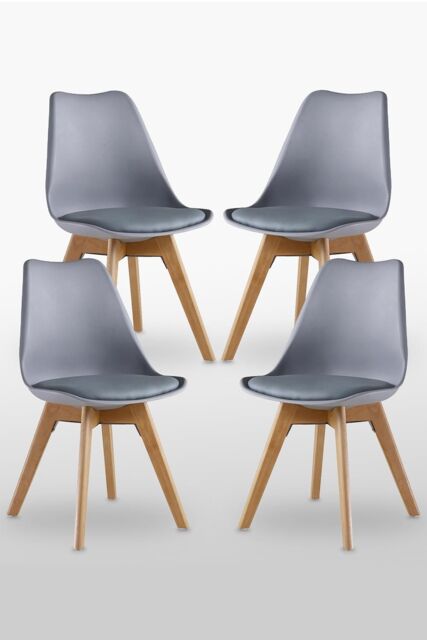 Life Interiors Set of 4 'Tulip Dining Chairs' Leather Padded Seat Solid Wood Legs in Grey - image 1