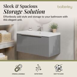 Balterley Fluted Wall Hung 1 Drawer Vanity Basin Unit & Basin 800mm - Satin Grey - thumbnail 2