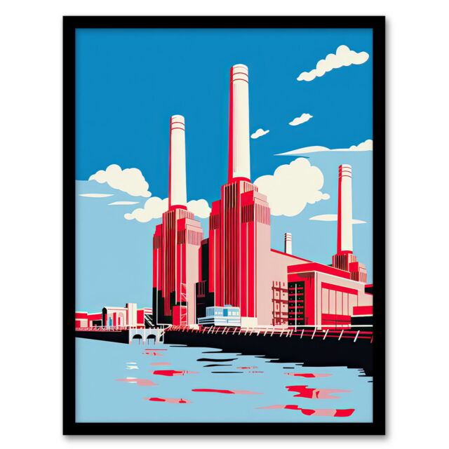 Artery8 Wall Art Print Battersea Power Station Graphic Pink & Blue Framed Art Picture - Size: A4 - image 1