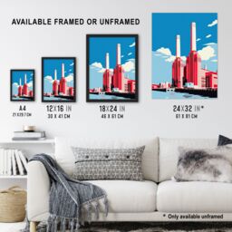 Artery8 Wall Art Print Battersea Power Station Graphic Pink & Blue Framed Art Picture - Size: A4 - thumbnail 3