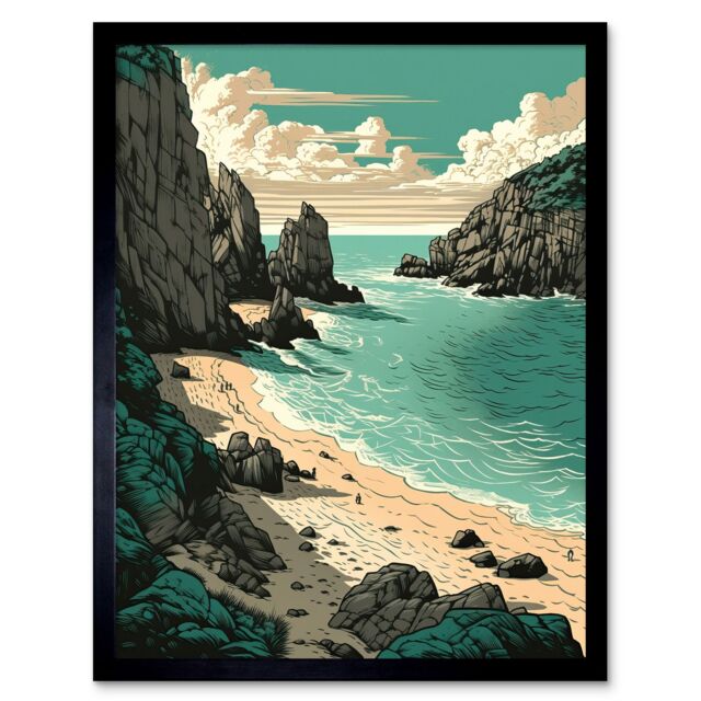 "Artery8 Wall Art Print Porthcurno Beach Coastal Landscape Art Framed in Black - Size: W12"" x H16""" - image 1