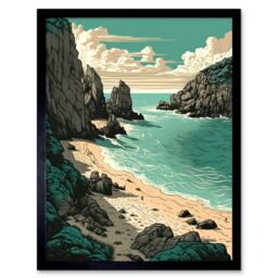 "Artery8 Wall Art Print Porthcurno Beach Coastal Landscape Art Framed in Black - Size: W12"" x H16""" - thumbnail 1