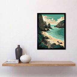 "Artery8 Wall Art Print Porthcurno Beach Coastal Landscape Art Framed in Black - Size: W12"" x H16""" - thumbnail 2