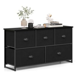 Costway 5 Drawers Cabinet 2-Tier Fabric Storage Organizer Chest of Drawers w/ Baskets in Black - thumbnail 1