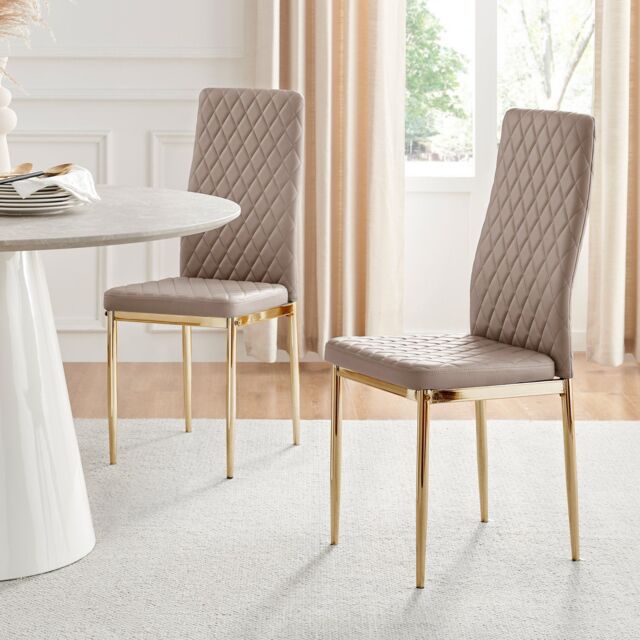 FurnitureboxUK Set of 4 Milan High Back Soft Touch Diamond Pattern Faux Leather Dining Chairs With Gold Chrome Metal Legs in Beige - image 1