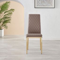 FurnitureboxUK Set of 4 Milan High Back Soft Touch Diamond Pattern Faux Leather Dining Chairs With Gold Chrome Metal Legs in Beige - thumbnail 3