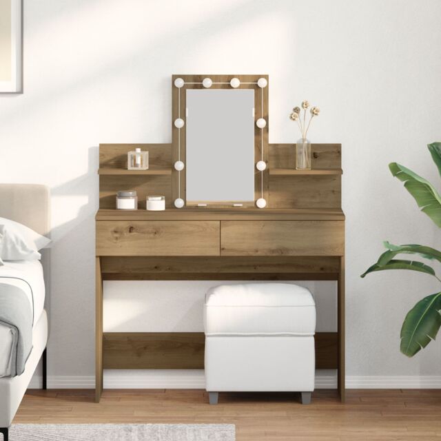 Berkfield Home Dressing Table with LED Artisan Oak 100x40x130 cm in Brown - Size: 100 x 40 x 130 cm - image 1