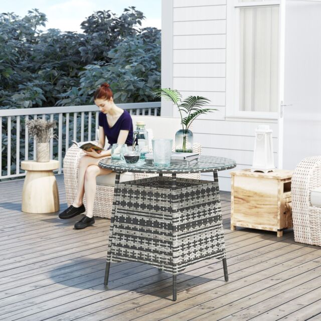 OUTSUNNY Wicker Garden Rattan Table with Umbrella Hole & Tempered Glass Top in Grey - image 1