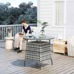 OUTSUNNY Wicker Garden Rattan Table with Umbrella Hole & Tempered Glass Top in Grey - thumbnail 1