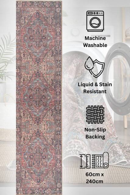 Kukoon Washable Runner Rug Terracotta Distressed Long Hallway Carpet Mat 60cm x 240cm in Red - Size: 60 cm x 240 cm - image 1