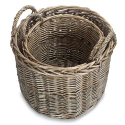 Red Hamper Wicker Set of 2 Round Straight-Sided Log Storage Basket in Brown - thumbnail 2