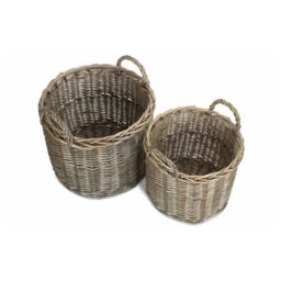 Red Hamper Wicker Set of 2 Round Straight-Sided Log Storage Basket in Brown