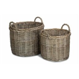 Red Hamper Wicker Set of 2 Round Straight-Sided Log Storage Basket in Brown - thumbnail 3