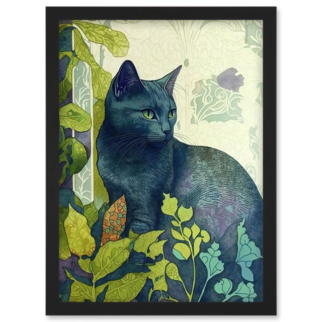 Artery8 Russian Blue Cat with Bright Ornate Plants Modern Art Nouveau Illustration Artwork Framed Wall Art Print A4 in Black - image 1