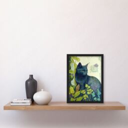 Artery8 Russian Blue Cat with Bright Ornate Plants Modern Art Nouveau Illustration Artwork Framed Wall Art Print A4 in Black - thumbnail 2