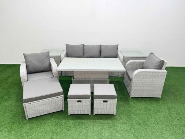 Fimous PE Rattan Garden Furniture Set Reclining Chair Sofa Lounge Sofa Set Adjustable Lifting Dining or Coffee Table 2 Side Table 3 Stools Light Grey - image 1