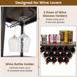 Costway 3-tier Wine Bar Cabinet Industrial Wine Rack with Storage Shelves Glass Holder in Brown - thumbnail 5