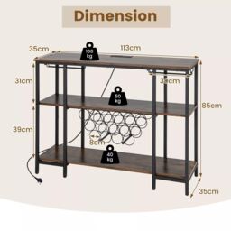 Costway 3-tier Wine Bar Cabinet Industrial Wine Rack with Storage Shelves Glass Holder in Brown - thumbnail 2