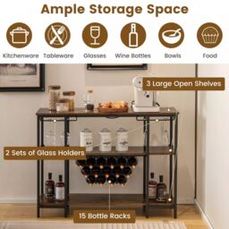 Costway 3-tier Wine Bar Cabinet Industrial Wine Rack with Storage Shelves Glass Holder in Brown - thumbnail 4