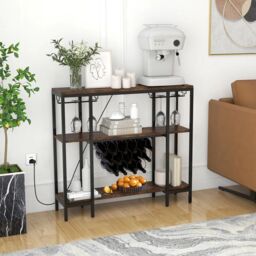 Costway 3-tier Wine Bar Cabinet Industrial Wine Rack with Storage Shelves Glass Holder in Brown - thumbnail 3