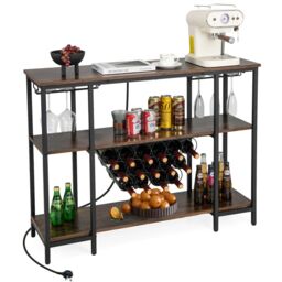Costway 3-tier Wine Bar Cabinet Industrial Wine Rack with Storage Shelves Glass Holder in Brown
