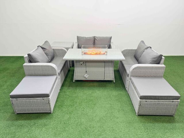 Fimous 8 Seater PE Wicker Rattan Furniture Sofa Sets with Firepit Dining Table 2 Seater Love Sofa 2 Big Footstool Side Table Light Grey - image 1