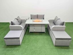 Fimous 8 Seater PE Wicker Rattan Furniture Sofa Sets with Firepit Dining Table 2 Seater Love Sofa 2 Big Footstool Side Table Light Grey - thumbnail 2