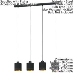 Loops Pendant Ceiling Light Colour Black Shade Black Gold Fabric Bulb E27 4x28W - thumbnail 2