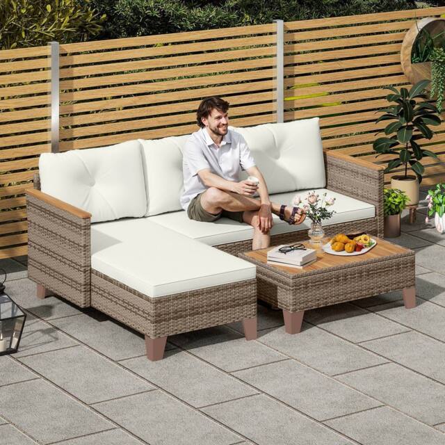 OUTSUNNY L Shaped Garden Conversation Chaise Lounge Furniture, Cream