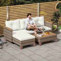 OUTSUNNY L Shaped Garden Conversation Chaise Lounge Furniture, Cream - thumbnail 1