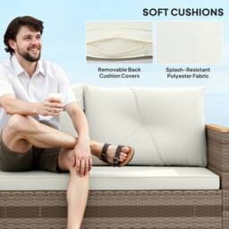 OUTSUNNY L Shaped Garden Conversation Chaise Lounge Furniture, Cream - thumbnail 5