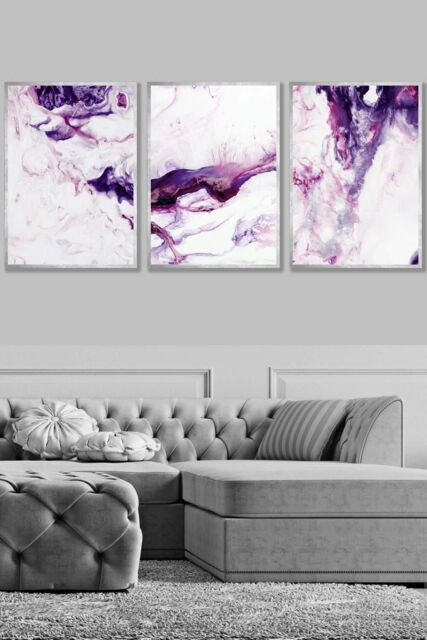 ARTZE Set of 3 Silver Framed Purple Pink Abstract Ocean Waves Wall Art - Size: W53 cm x H73 cm x D20mm - image 1