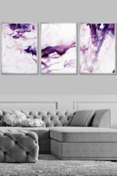ARTZE Set of 3 Silver Framed Purple Pink Abstract Ocean Waves Wall Art - Size: W53 cm x H73 cm x D20mm