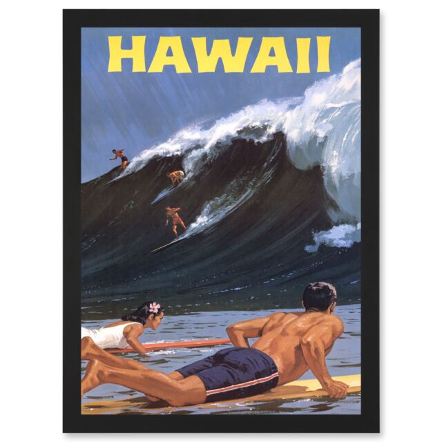 Artery8 Travel Tourism Hawaii USA Surf Ocean Wave A4 Artwork Framed Wall Art Print in Black - image 1