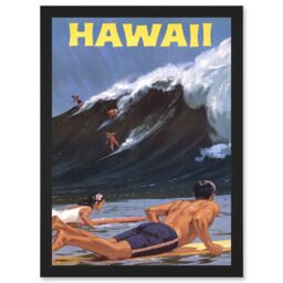 Artery8 Travel Tourism Hawaii USA Surf Ocean Wave A4 Artwork Framed Wall Art Print in Black - thumbnail 1