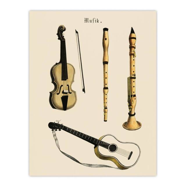 "Artery8 Violin Guitar & Flutes Musical Vintage Wall Art Print Poster in Beige - Size: W18"" x H24""" - image 1
