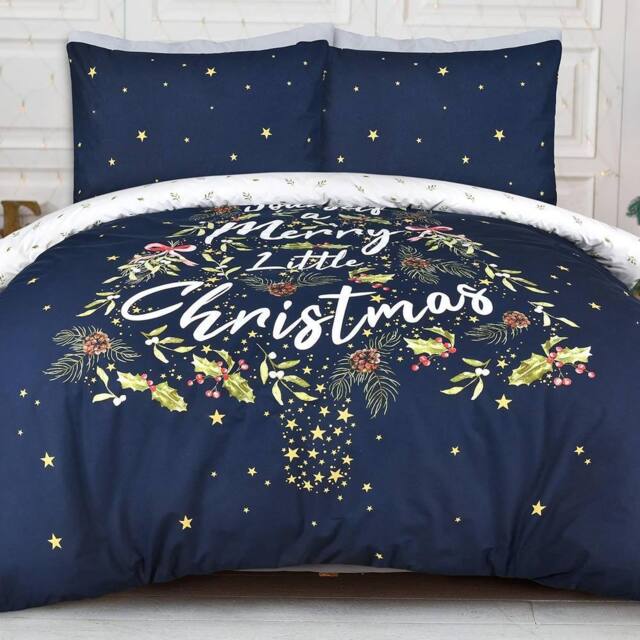Smart Living Printed Little Christmas HollyTree Reversible Duvet Cover & Pillowcase in Navy - Size: Double - image 1