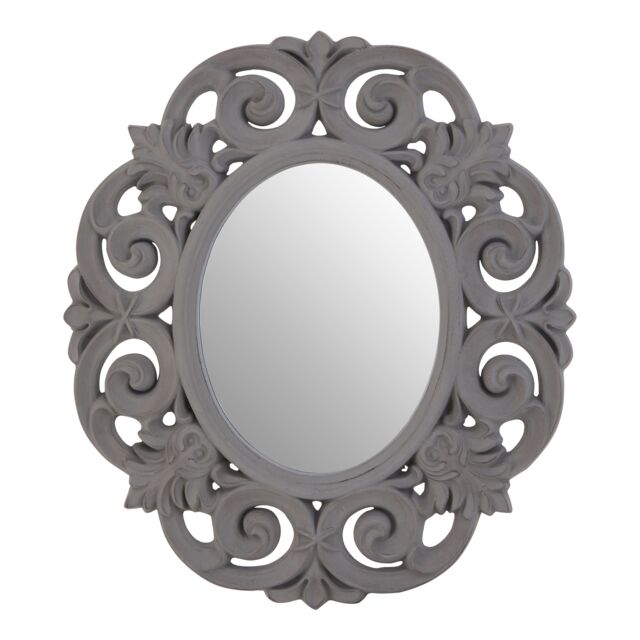 Orsina Antique Grey Scroll Design Wall Mirror, Bedroom Mirror, Weathered Finish Oval Mirror With Scrolled Leaves - image 1