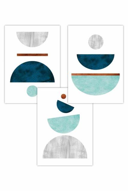 ARTZE Set of 3 Teal, Mint Green & Grey Abstract Mid Century Geometric Art Posters in Teal - Size: W42 cm x H59 cm - image 1