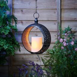 mysmartbuy Metal Hanging Lantern with Solar Powered LED Candle - Black & Gold Garden Ornament Light with Cut Out Pattern - H60 x W24 x D10cm