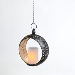 mysmartbuy Metal Hanging Lantern with Solar Powered LED Candle - Black & Gold Garden Ornament Light with Cut Out Pattern - H60 x W24 x D10cm - thumbnail 4