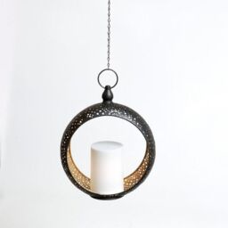 mysmartbuy Metal Hanging Lantern with Solar Powered LED Candle - Black & Gold Garden Ornament Light with Cut Out Pattern - H60 x W24 x D10cm - thumbnail 3