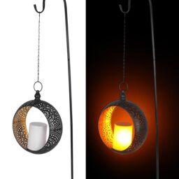 mysmartbuy Metal Hanging Lantern with Solar Powered LED Candle - Black & Gold Garden Ornament Light with Cut Out Pattern - H60 x W24 x D10cm - thumbnail 2
