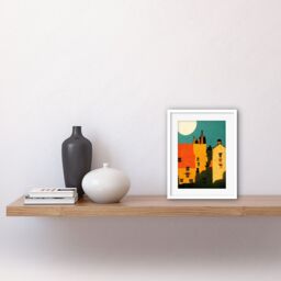 "Artery8 Wall Art Print Paper Cut Dean Village Edinburgh in Vibrant Reds & Yellows Artwork Framed 9X7 Inch in White - Size: W7"" x H9""" - thumbnail 2