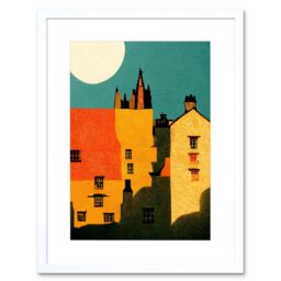 "Artery8 Wall Art Print Paper Cut Dean Village Edinburgh in Vibrant Reds & Yellows Artwork Framed 9X7 Inch in White - Size: W7"" x H9""" - thumbnail 1