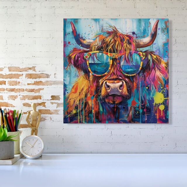 "Warren Reed - Designer Splashart Highland Cow With Glasses Canvas - Size: W16"" x H16""" - image 1