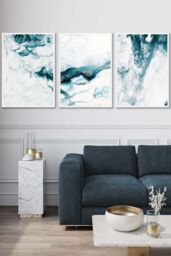 ARTZE Teal Blue Abstract Ocean Waves Framed Wall Art - Large in White - Size: W53 cm x H73 cm x D20mm - thumbnail 1